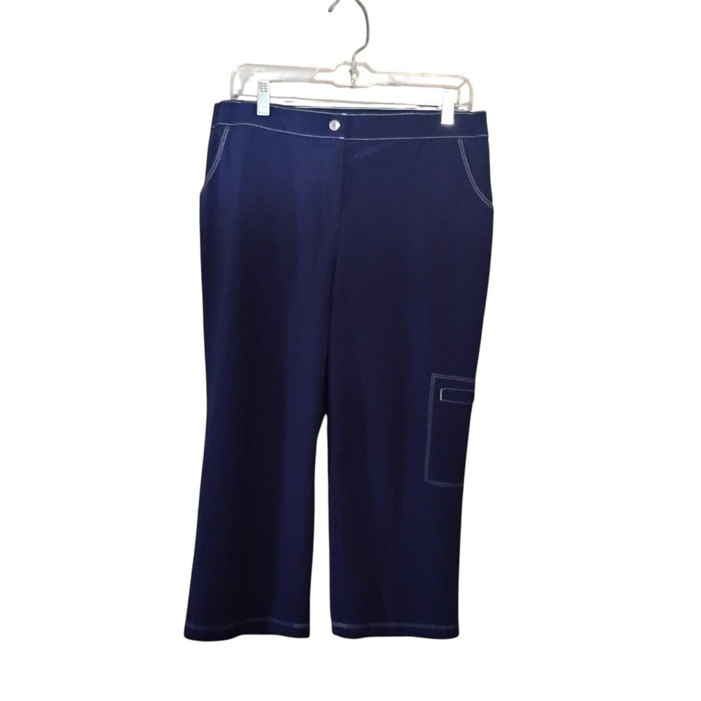 Weekends by Chicos Navy Blue Contrast Stitch Cargo Cropped Pants Size 1.5 L/XL